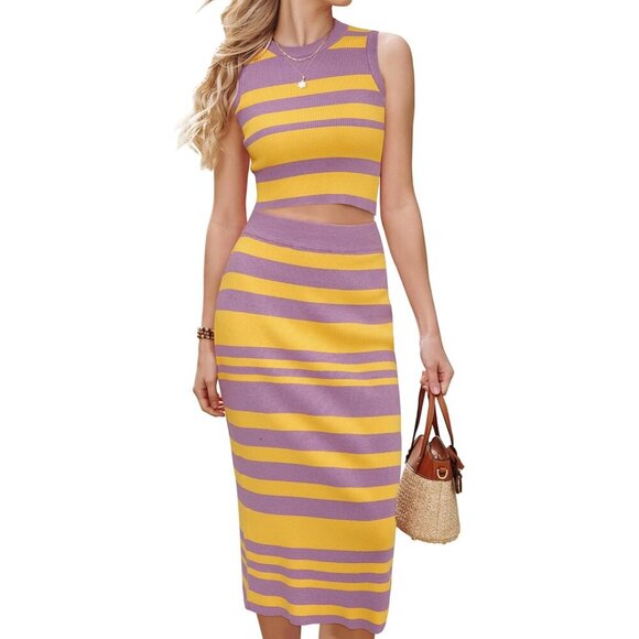 Women's Knit 2 Piece Set Tank Top Midi Skirt Casual Outfit Large